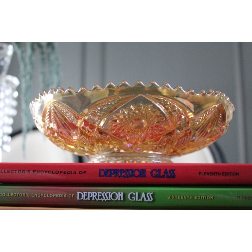 Extremely Rare Imperial Glass Co. Marigold Sawtooth Hobstar & Arches Fruit Bowl